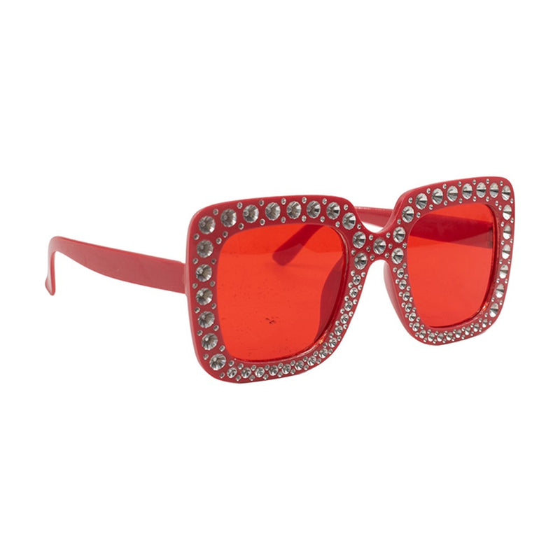 Crimson colored novelty eyewear encrusted with sparkling faux jewels