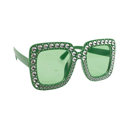 Emerald colored novelty eyewear encrusted with sparkling faux jewels