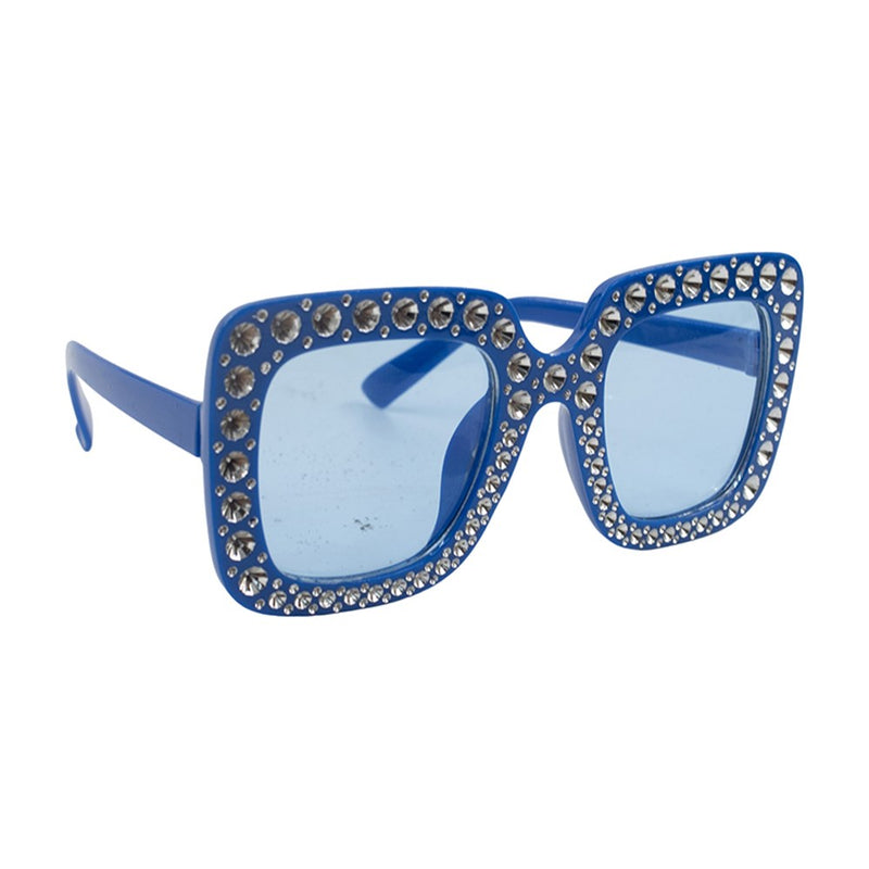 Sapphire colored novelty eyewear encrusted with sparkling faux jewels