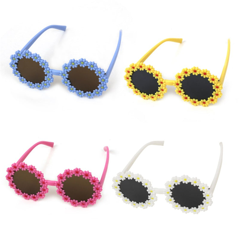Children's novelty eyewear adorned with blossom shapes in varied hues