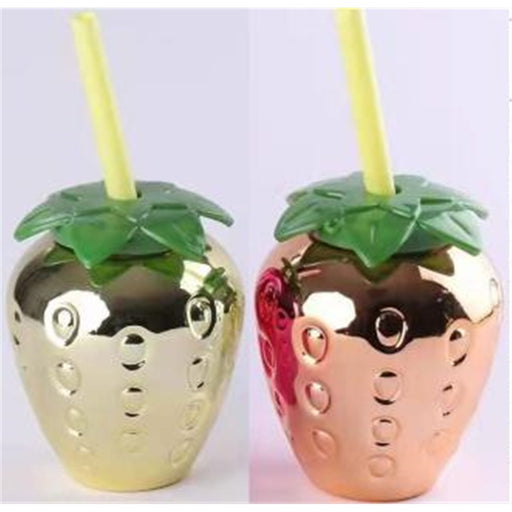 Metallic strawberry shaped cup with straw