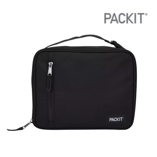 PackIt Freezable Classic Lunch Box in black with ECOFREEZE gel-lined walls, buckle handle, and front zip pocket