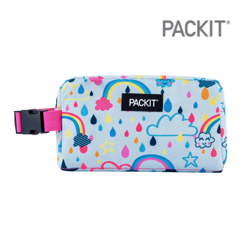 PackIt Freezable Snack Box Rainbow Sky with ECOFREEZE gel-lined walls, zip closure and buckle handle