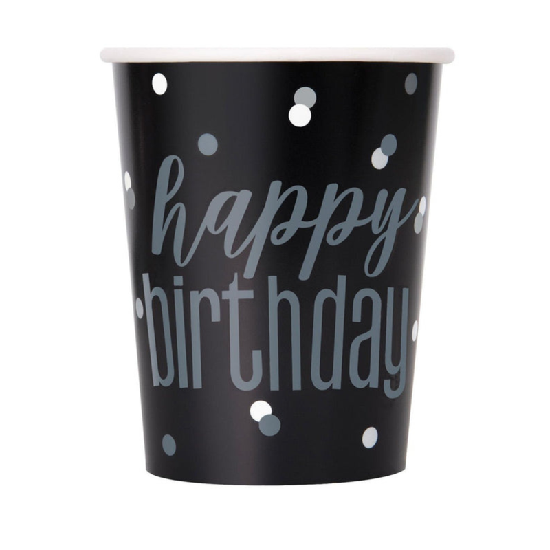 Paper Cups Black And Silver Happy Birthday 8pk 9oz
