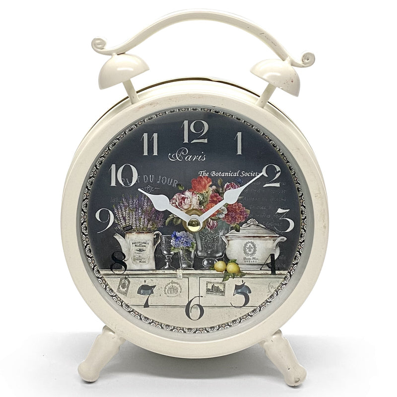 Ronis Paris Botany Faux Twin Bell Metal Vintage Desk Clock 16x6x20.5cm Off White