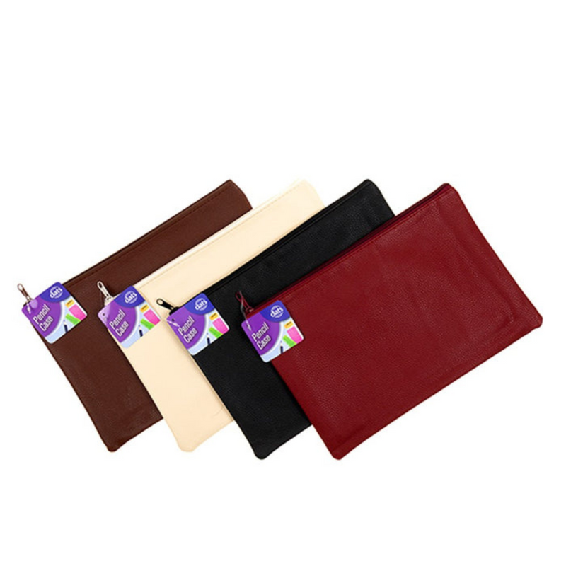 Leatherette pencil case 1 zip 325x220mm assorted colours large stationery organiser pouch