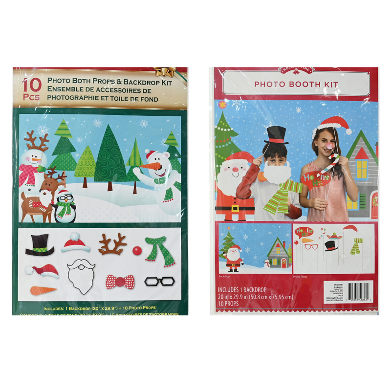 Photo Props Kit with Backdrop 10pk Assorted – Fun festive holiday photo props and backdrop set
