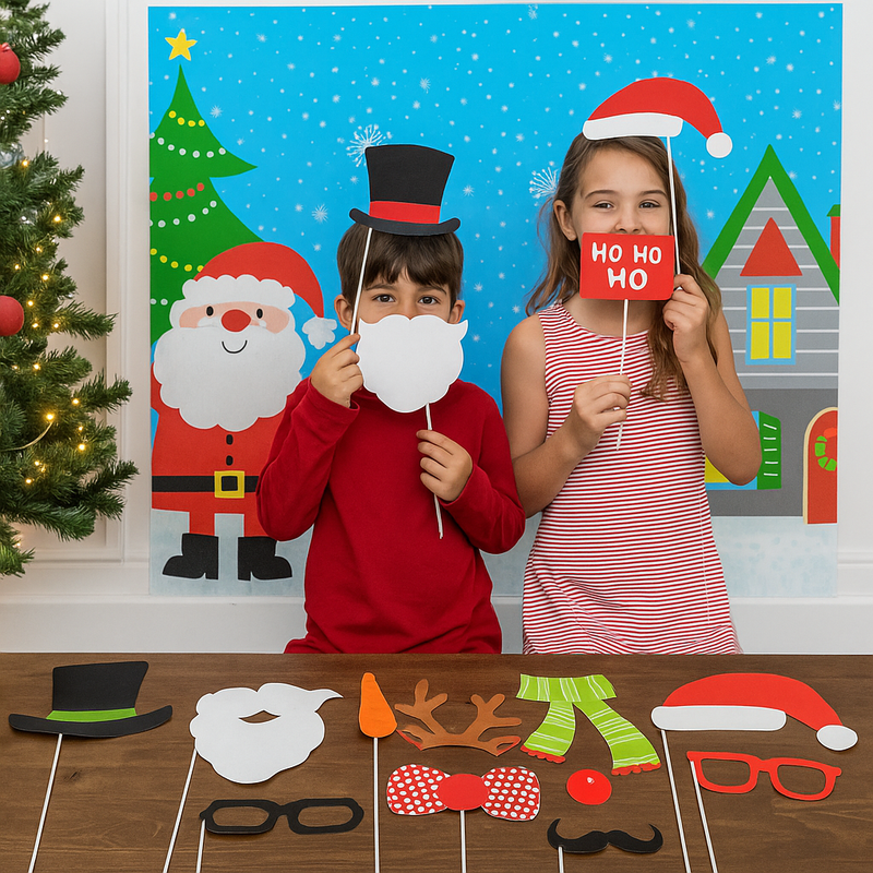 Photo Props Kit with Backdrop 10pk Assorted – Fun festive holiday photo props and backdrop set