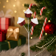 51cm Christmas pick with three red cupcakes on a green stem, candy-themed holiday decoration