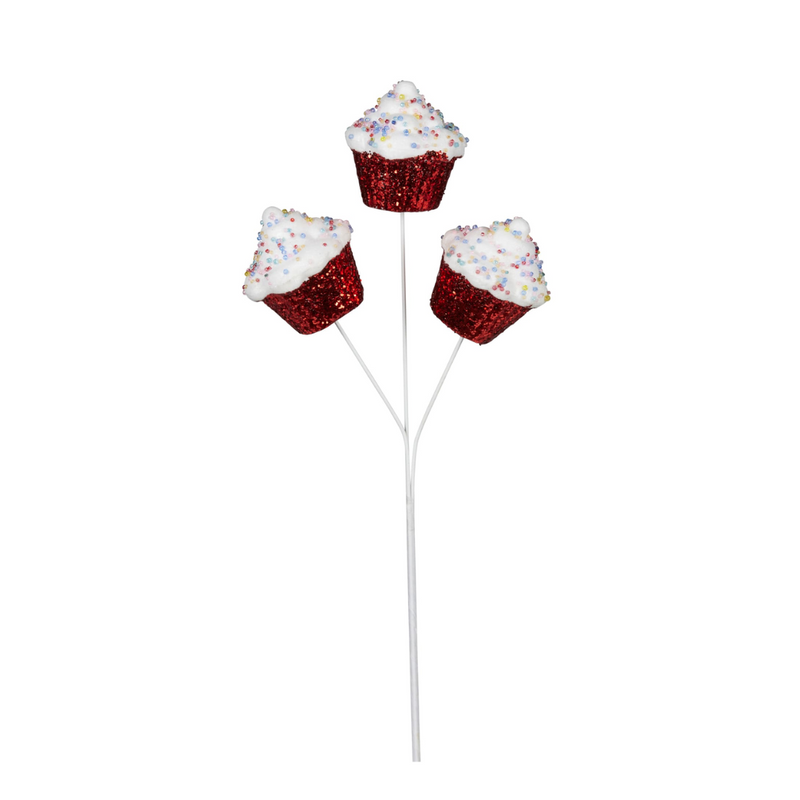 51cm Christmas pick with three red cupcakes on a green stem, candy-themed holiday decoration
