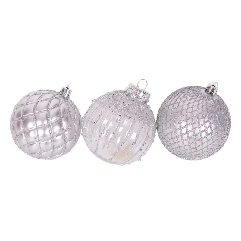 Silver Plastic Pet Bauble 8cm with white glitter details, shatterproof Christmas decoration