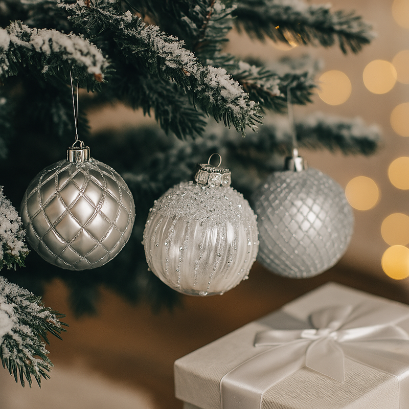 Silver Plastic Pet Bauble 8cm with white glitter details, shatterproof Christmas decoration