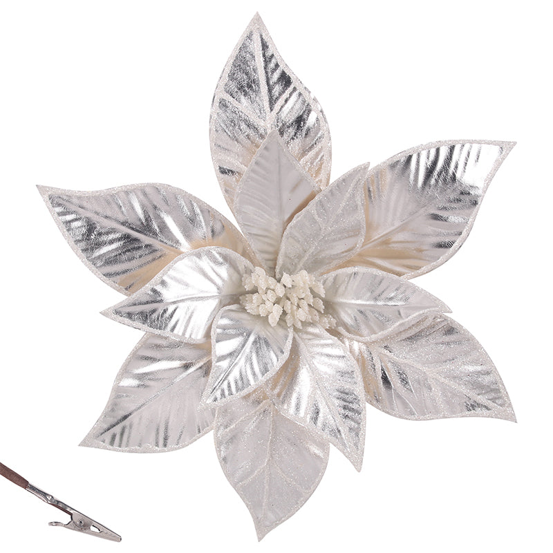 Platinum Poinsettia with Clip 30cm decorative Christmas flower ornament