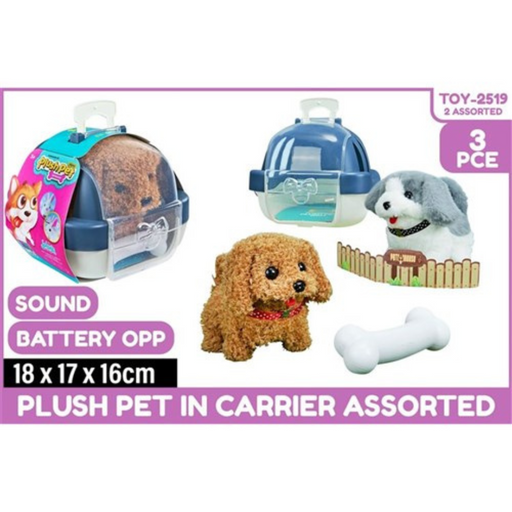 Ronis Plush Pet in Carrier With Sound Battery Operated 3pce 2 Asstd