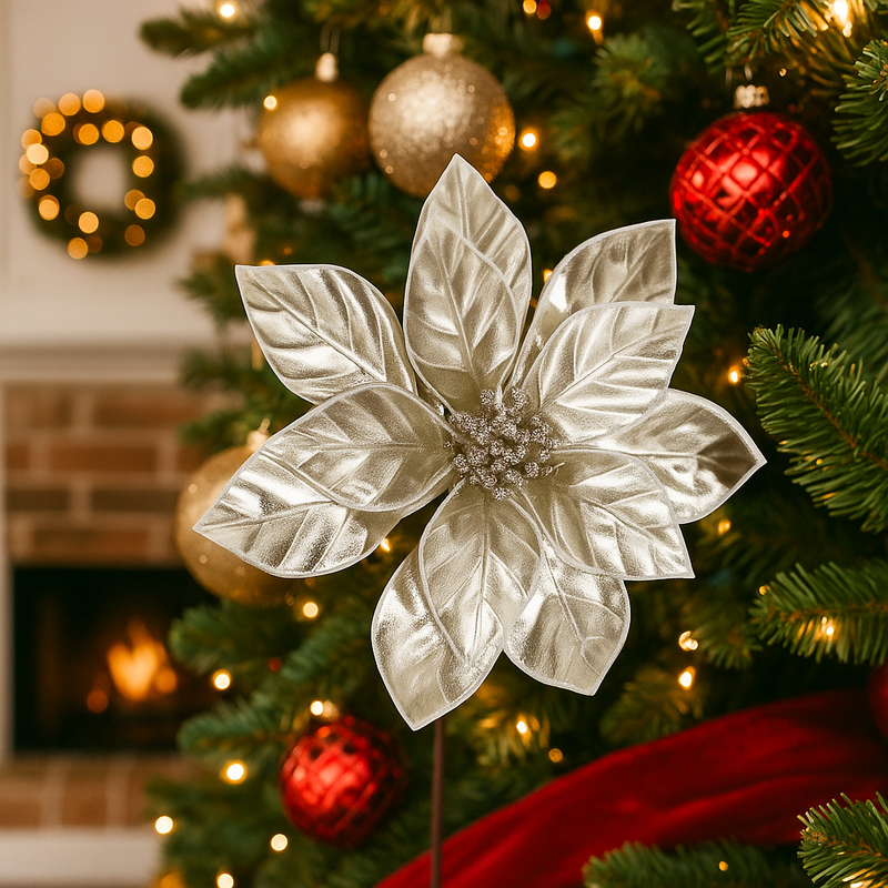Elegant artificial poinsettia in champagne with long stem for tree or vase display