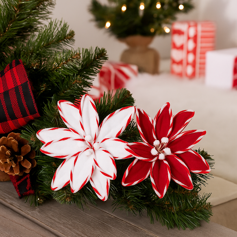 Poinsettia Candy Stripe Clip 30cm Assorted – festive candy-striped poinsettia flower decorations with clip for Christmas trees and wreaths