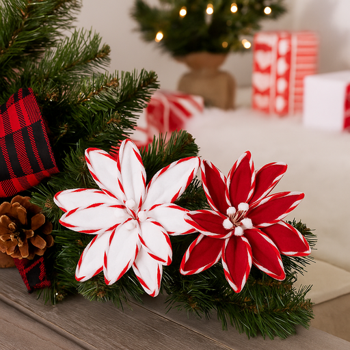 Poinsettia Candy Stripe Clip 30cm Assorted – festive candy-striped poinsettia flower decorations with clip for Christmas trees and wreaths