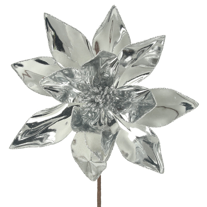 Poinsettia Flower Patent Silver 31cm bloom with 50cm stem Christmas decoration