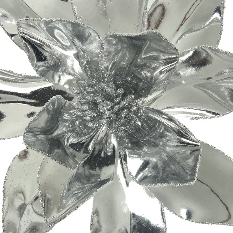 Poinsettia Flower Patent Silver 31cm bloom with 50cm stem Christmas decoration