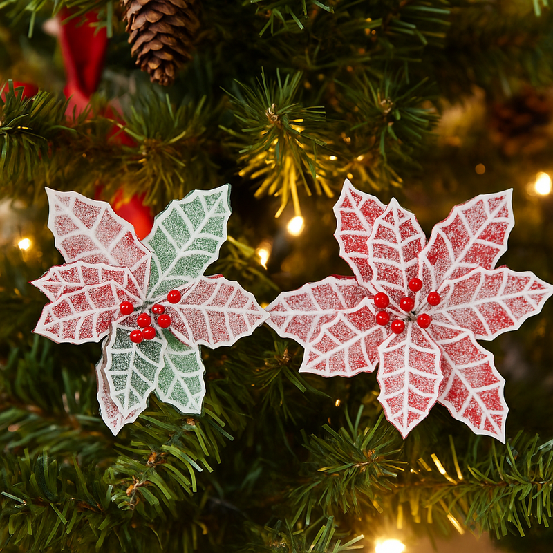 Poinsettia Frosted Holly Clip Assorted with snowy festive detail for Christmas tree, wreath, or garland decoration.