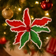 Poinsettia Green-Red Snowy Clip with frosted petals for Christmas tree, wreath, or garland decoration. – thumbnail