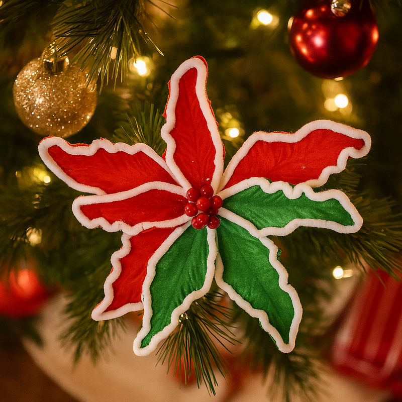 Poinsettia Green-Red Snowy Clip with frosted petals for Christmas tree, wreath, or garland decoration.