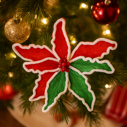 Poinsettia Green-Red Snowy Clip with frosted petals for Christmas tree, wreath, or garland decoration.