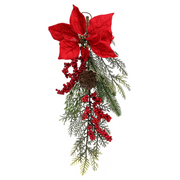Poinsettia Pine Hanger with red flowers and pine greenery, festive hanging Christmas decoration.