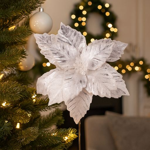 Poinsettia stem 32cm flower with 50cm stem pearl white – elegant Christmas floral decoration