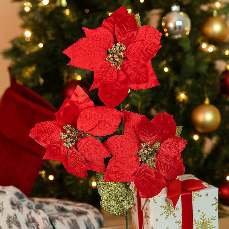 Artificial red poinsettia stem 74cm for Christmas decorations