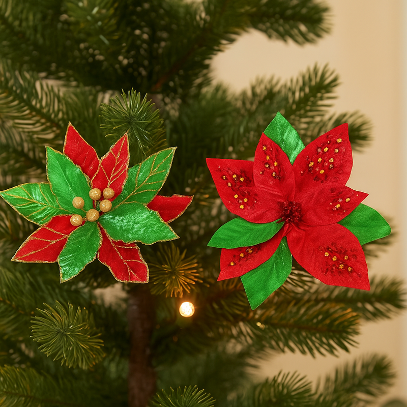 Assorted velvet poinsettia clips for tree, wreath, or garland décor
