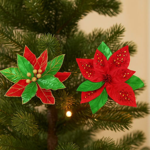 Assorted velvet poinsettia clips for tree, wreath, or garland décor