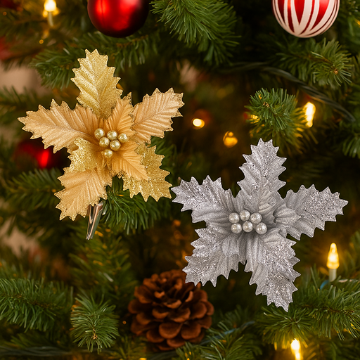 Assorted gold and silver glitter poinsettias with clip for holiday decor