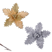 Assorted gold and silver glitter poinsettias with clip for holiday decor