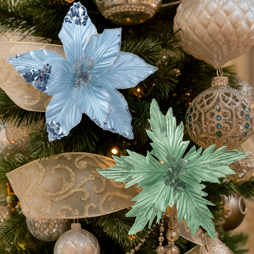 Poinsettia with Clip 17cm Pale Blue and Mint Christmas Decoration Assorted