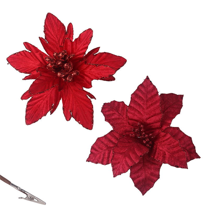 Poinsettia with Clip 24cmD 26cmD Red Assorted – Festive Christmas flower decorations for trees, wreaths, and centerpieces