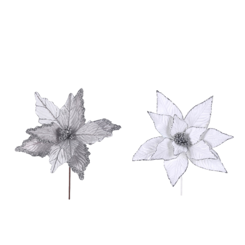 Ronis Poinsettia with Clip 25cm Silver and White Assorted
