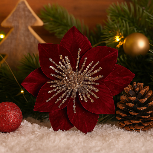 Burgundy poinsettia with rose gold glitter detail and clip 29cm Christmas decoration