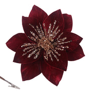 Burgundy poinsettia with rose gold glitter detail and clip 29cm Christmas decoration
