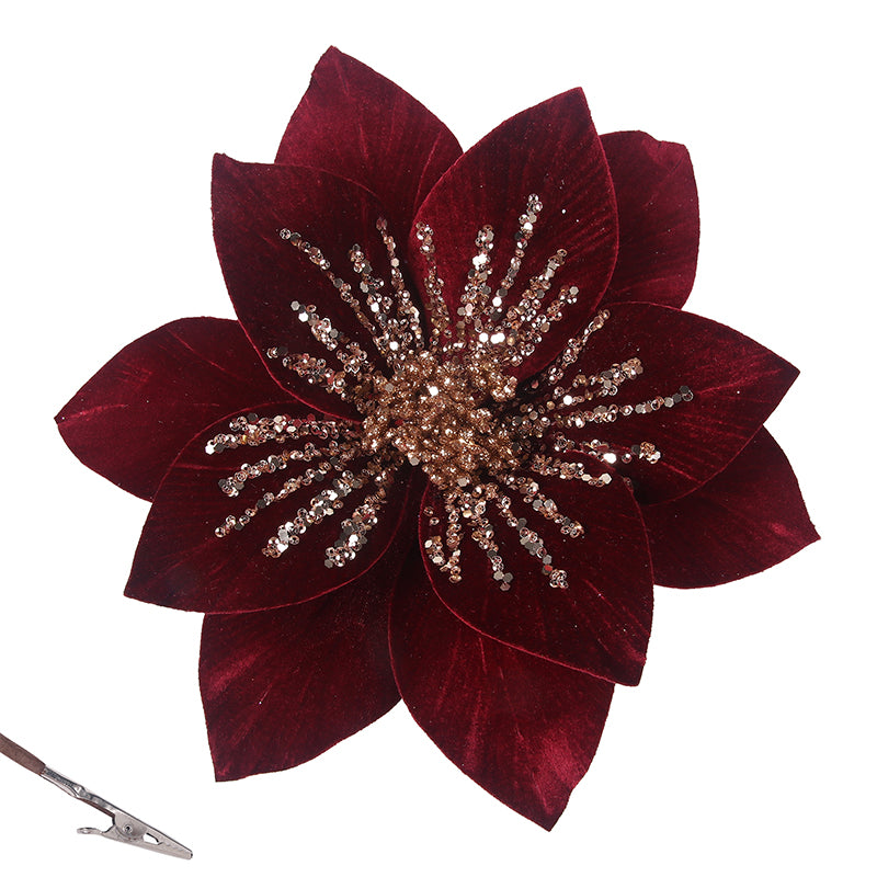Burgundy poinsettia with rose gold glitter detail and clip 29cm Christmas decoration