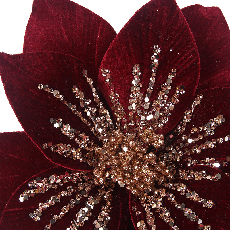 Burgundy poinsettia with rose gold glitter detail and clip 29cm Christmas decoration