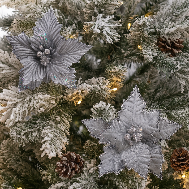 Silver poinsettia flowers with clip 25cm assorted designs – festive Christmas decorations