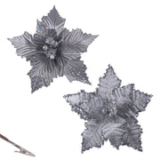 Silver poinsettia flowers with clip 25cm assorted designs – festive Christmas decorations