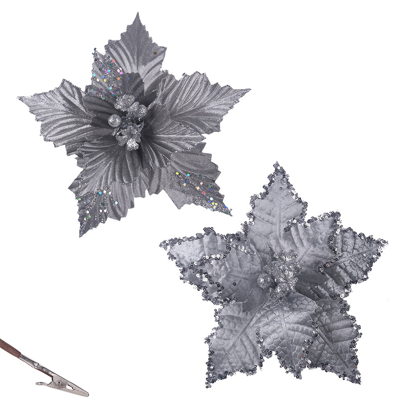 Silver poinsettia flowers with clip 25cm assorted designs – festive Christmas decorations