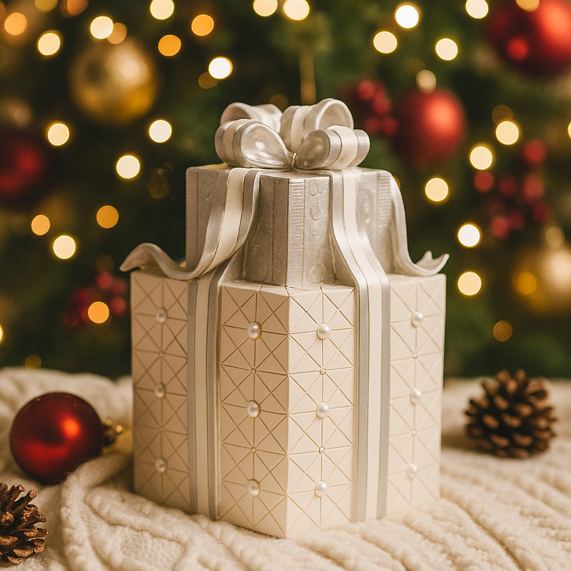 White Polyresin Gift Boxes with Silver Ribbon 22x22x36cm Christmas decoration