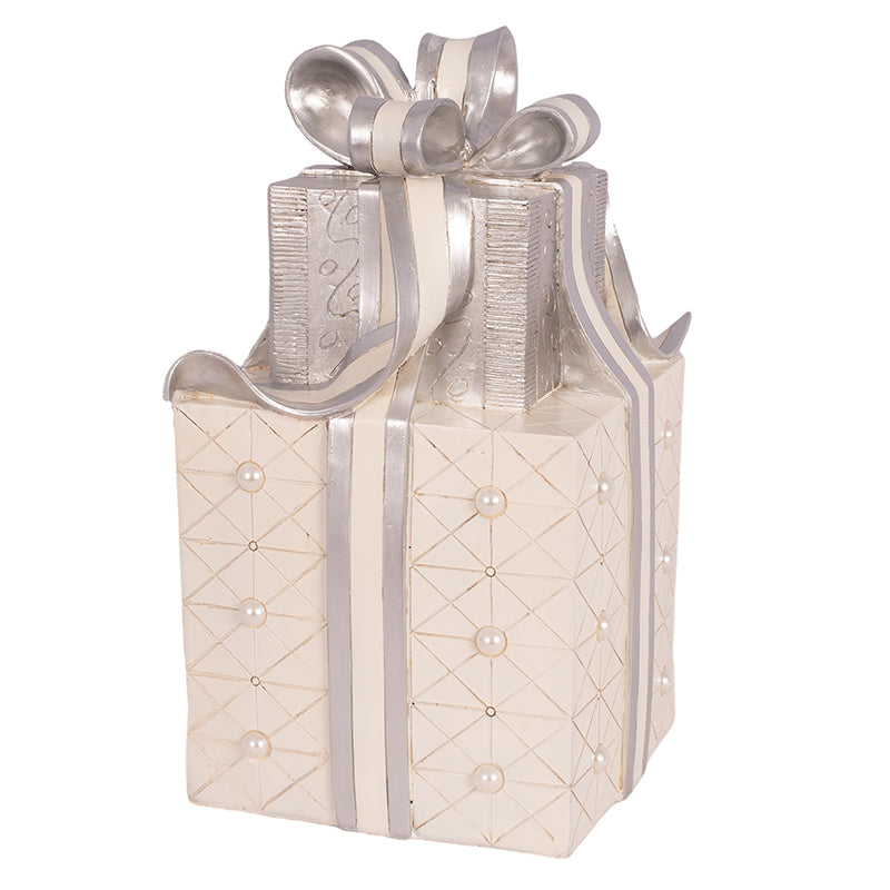 White Polyresin Gift Boxes with Silver Ribbon 22x22x36cm Christmas decoration