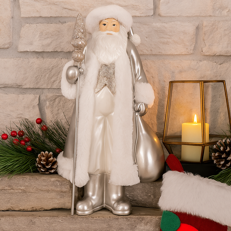 Silver Polyresin Santa 17.5x13.5x41cm Christmas figurine decoration