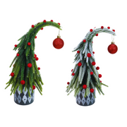 Potted curve Christmas tree decorated with red berries and baubles, standing 30cm tall.