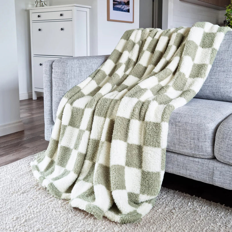 Printed Sherpa Throw 210gsm Checkered Sea Kelp 180x200cm