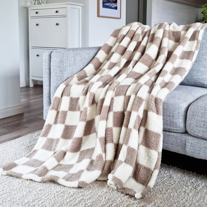 Printed Sherpa Throw 210gsm Checkered Natural 180x200cm